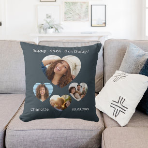 Coussin Nom de l'anniversaire photo coeur collage fusain g