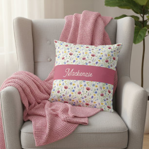 Coussin Nom de monogramme botanique de fleur sauvage rose