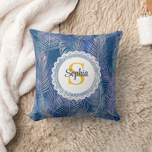 Coussin Nom de monogramme de feuille de palmier bleu et vi (Couverture)