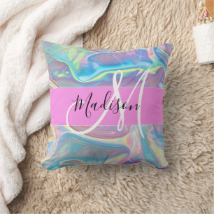 Coussin Nom de monogramme holographique iridescent rose fé