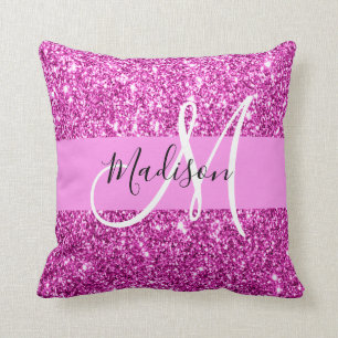Coussin Nom de monogramme scintillant de paillettes rose e