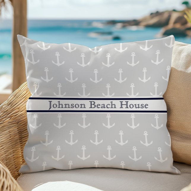 Coussin Nom de motif d'ancre bleu gris clair marine blanc (Créateur téléchargé)