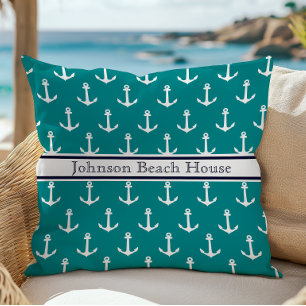 Coussin Nom de motif d'ancre bleu sarcelle marine et blanc