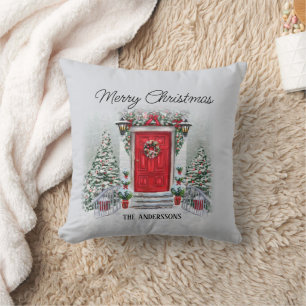 Coussin Nom de Noël de porte rouge vintage Joyeux Noël