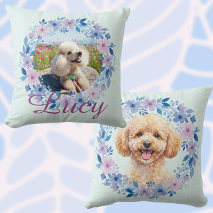 Coussin Nom de photo personnalisé Couronne florale Caniche