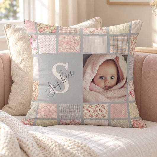 Coussin Nom de photo personnalisé Monogramme Patchwork Ros