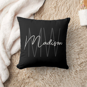 Coussin Nom de script de monogramme moderne noir et blanc