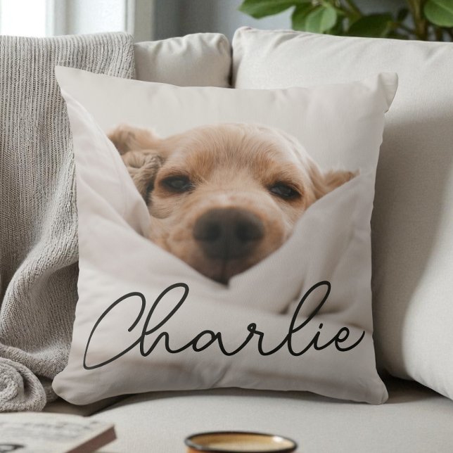 Coussin Nom de script moderne Photo de chien personnalisée (Modern Script Name Personalized Pet Photo Dog Throw Pillow)