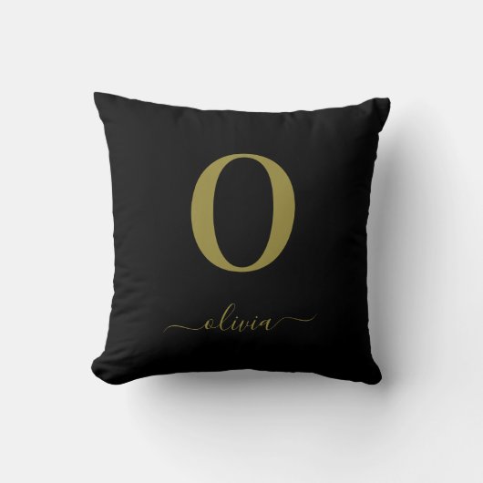 Coussin Nom De Script Monogramme Personnalisé Noir Et Or (Recto)