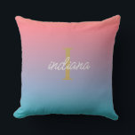 Coussin Nom de script orange bleu ombre à la main<br><div class="desc">Orange Blue Ombre Modern nom de script monogramme élégant coussin extérieur</div>