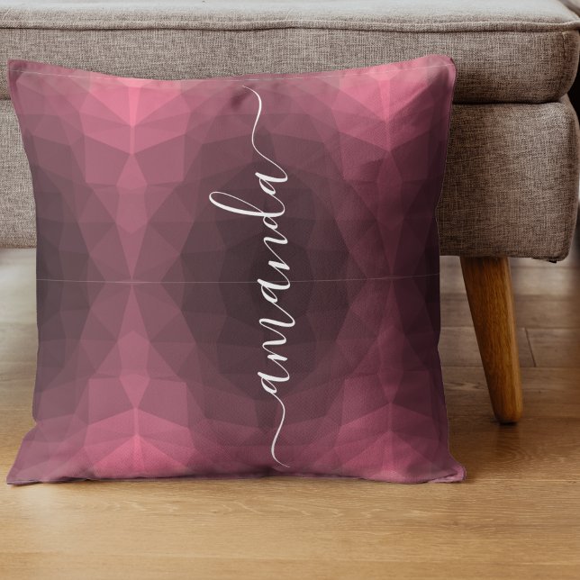 Coussin Nom de script personnalisé Pink Géométrique (Personalized Script Name Pink Geometric Throw Pillow)