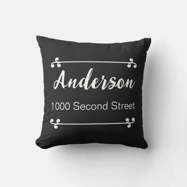 Coussin Nom décoratif d'adresse de rue Noir (Recto)