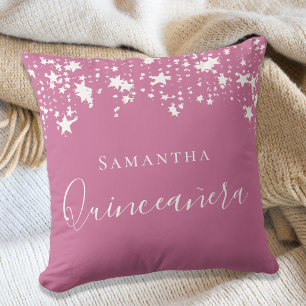 Coussin Nom des étoiles blanches roses de Quinceanera