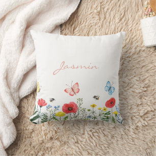 Coussin Nom des papillons Fleurs sauvages Whimsical Red Gr