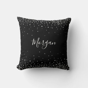 Coussin Nom DIY Écriture Blanche & Diamants Blancs, Noir V