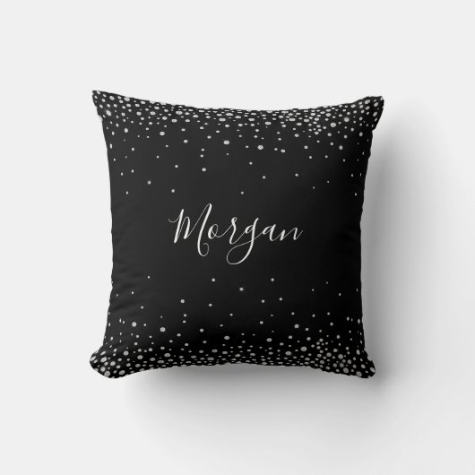 Coussin Nom DIY Écriture Blanche & Diamants Blancs, Noir V (Recto)