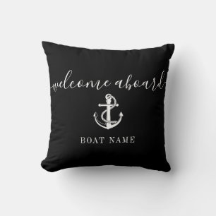 Coussin Nom du bateau Ancre Bienvenue à bord Noir et blanc