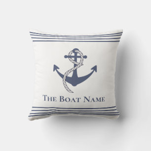 Coussin Nom du bateau de famille Blanc n Marine Bleu Ancre