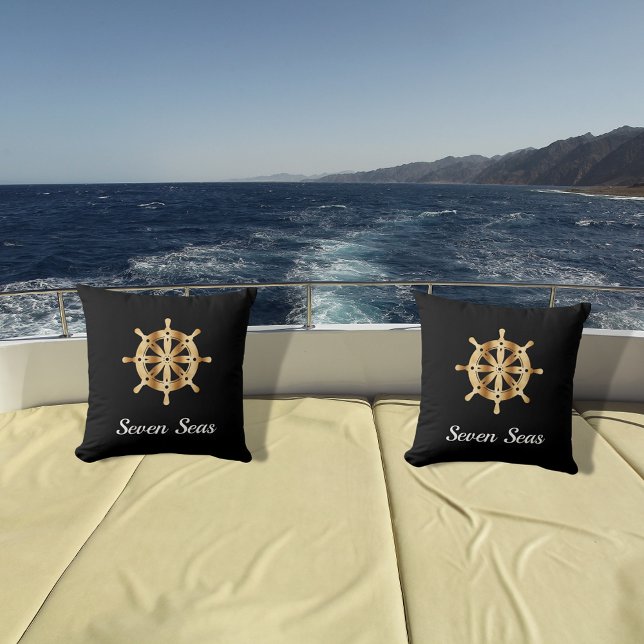 Coussin Nom du bateau de yacht noir roue de direction en o (Créateur téléchargé)