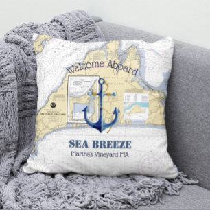 Coussin Nom du bateau et Ancre nautique Bienvenue à bord d