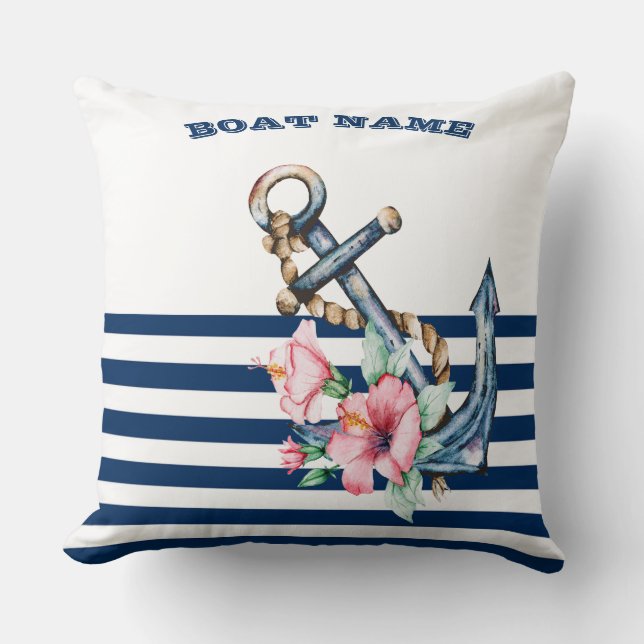 Coussin Nom du bateau, Fleur d'ancre rayure bleu marine (Recto)