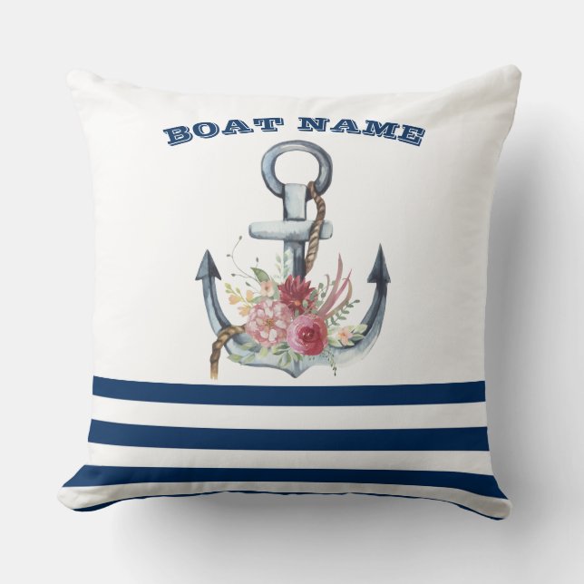 Coussin Nom du bateau, fleurs d'ancre bleu marine rayé (Recto)
