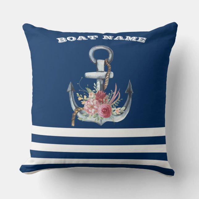 Coussin Nom du bateau, fleurs d'ancre bleu marine rayé (Recto)