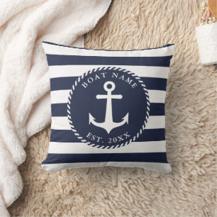 Coussin Nom du bateau Marine marine Bleu Blanc Ancre