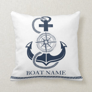 Coussin Nom du bateau nautique Ancre bleue