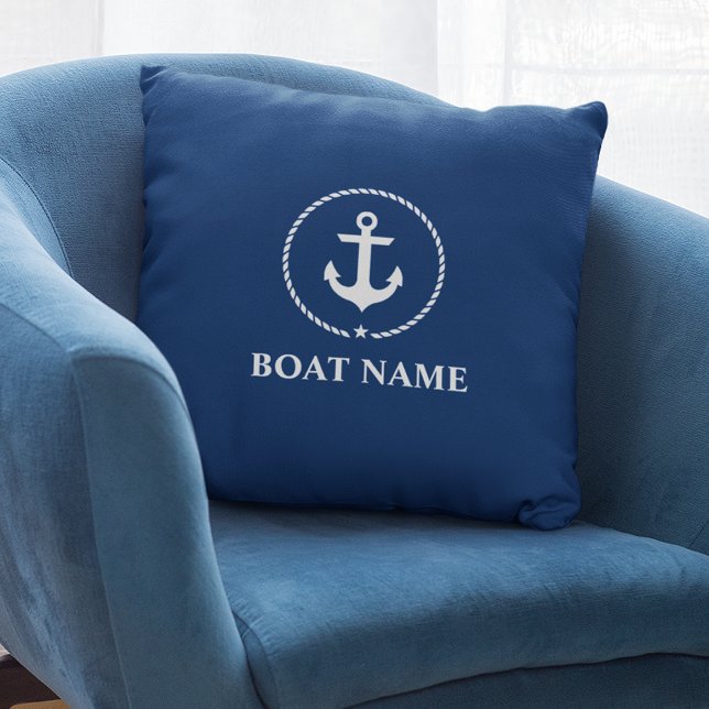 Coussin Nom du bateau nautique Ancre corde bleu marine (Customize to change text size or text style.)