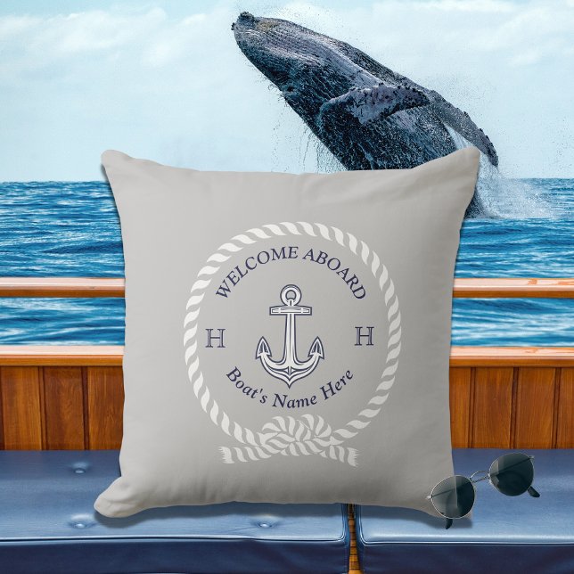 Coussin Nom du bateau nautique Ancre corde de bienvenue gr (Créateur téléchargé)
