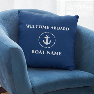 Coussin Nom du bateau nautique Ancre Corde Marine Blue Wel