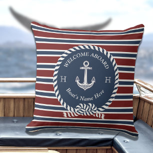 Coussin Nom du bateau nautique Ancre Corde Marine Blue Wel