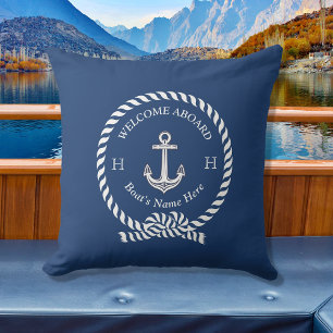 Coussin Nom du bateau nautique Ancre Corde Marine Blue Wel
