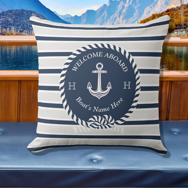 Coussin Nom du bateau nautique Ancre Corde Marine Blue Wel (Créateur téléchargé)
