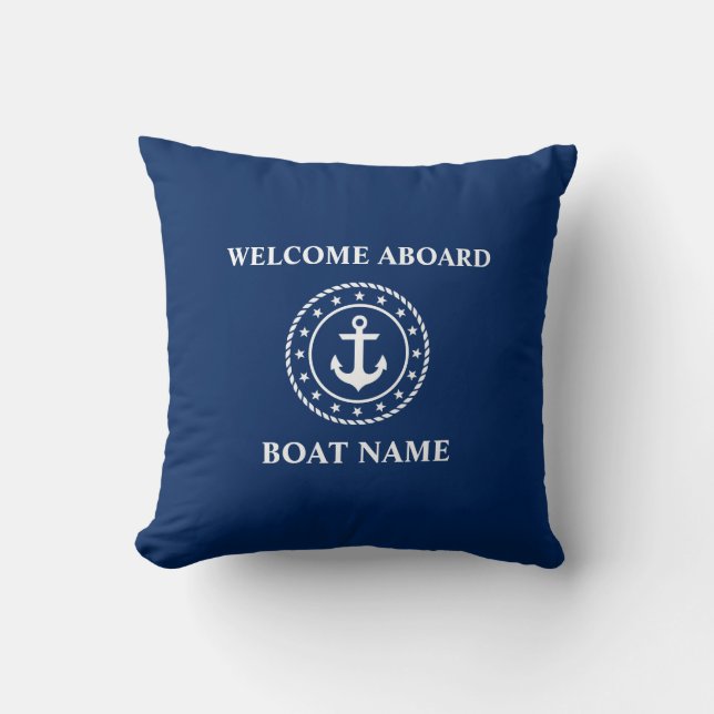 Coussin Nom du bateau nautique Ancre corde Stars Blue Welc (Recto)