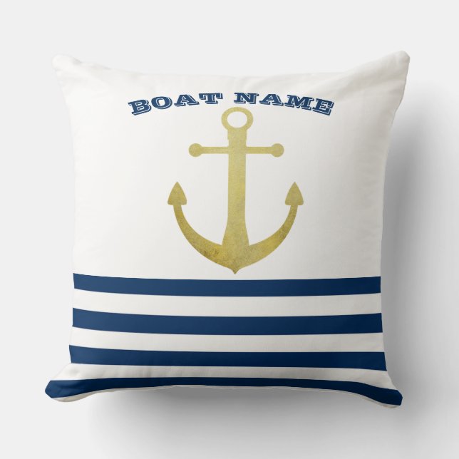 Coussin Nom du bateau nautique, Ancre d'or Bleu de la Mari (Recto)