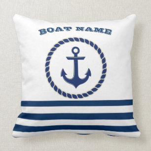Coussin Nom du bateau nautique, Ancre Marine Bleu rayé