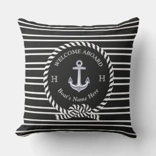 Coussin Nom du bateau nautique Ancre Noir Blanc Bienvenue