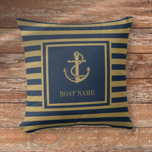 Coussin Nom Du Bateau Nautique Marine Bleu Et Or Gratté