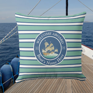 Coussin Nom du bateau nautique turquoise à rayures bleues