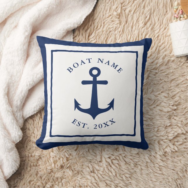 Coussin Nom du bateau personnalisé Ancre Blanc Marine Bleu (Couverture)