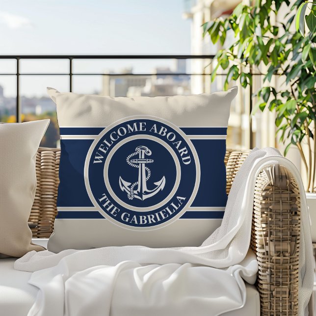 Coussin Nom Du Bateau Personnalisé Ancre Blanche Sur Sable (Créateur téléchargé)