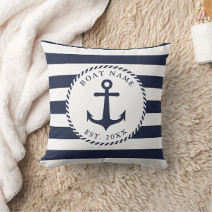 Coussin Nom du bateau personnalisé Marine Bleu Blanc Ancre