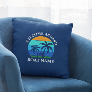Coussin Nom du bateau Sun Palm Trees Bienvenue à bord Bleu