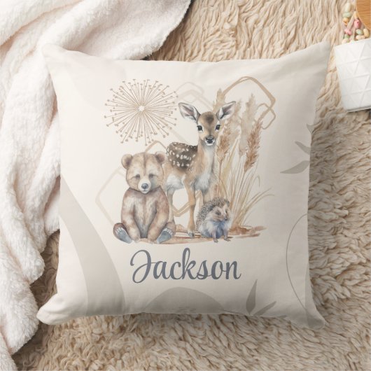 Coussin Nom du bébé customisé Boho Ours Cerf Sexe Neutre (Couverture)
