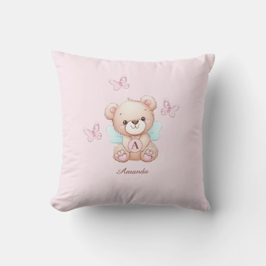 Coussin Nom du monogramme de l'ours mignon rose (Recto)