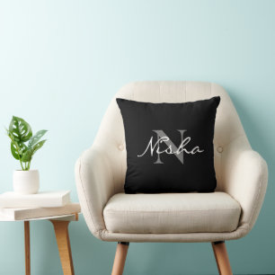 Coussin Nom du monogramme gris blanc Noir