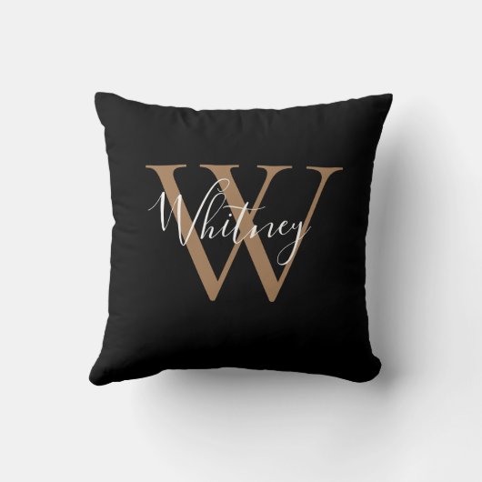 Coussin Nom du monogramme moderne de script noir et or (Verso)