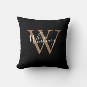 Coussin Nom du monogramme moderne de script noir et or